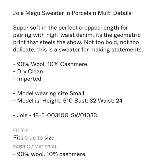 Joie Megu Wool/Cashmere Cropped Sweater Porcelain Multi Size XS - Picture 12 of 12